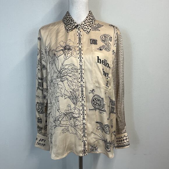 Me369 Blouse Tunic size Medium Gold Black HELLO HEY HI Artsy Peacock Graphic #S - Picture 2 of 12